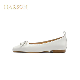哈森羊皮女鞋2024年春季粗跟浅口时尚女单鞋舒适百搭芭蕾鞋 白色 35