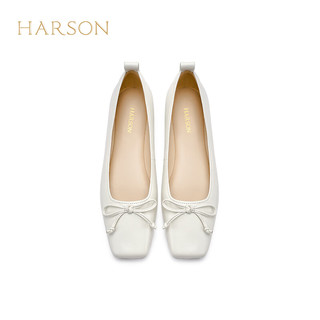 哈森羊皮女鞋2024年春季粗跟浅口时尚女单鞋舒适百搭芭蕾鞋 白色 35