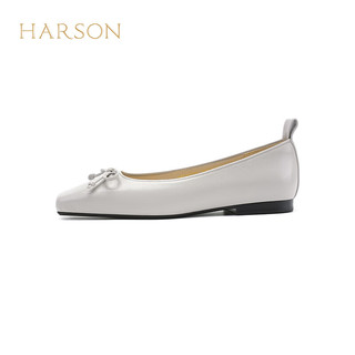 哈森羊皮女鞋2024年春季粗跟浅口时尚女单鞋舒适百搭芭蕾鞋 灰色 35