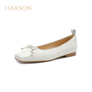哈森羊皮女鞋2024年春季粗跟浅口时尚女单鞋舒适百搭芭蕾鞋 白色 40