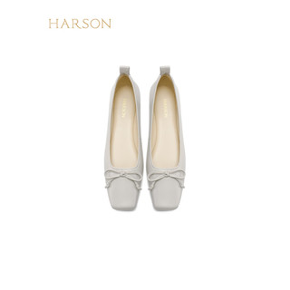 哈森羊皮女鞋2024年春季粗跟浅口时尚女单鞋舒适百搭芭蕾鞋 灰色 38
