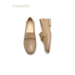 HARSON 哈森 2024款春季低跟圆头英伦乐福女单鞋HS242518 杏色 36