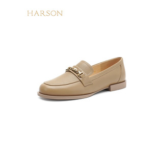 HARSON 哈森 2024款春季低跟圆头英伦乐福女单鞋HS242518 杏色 36