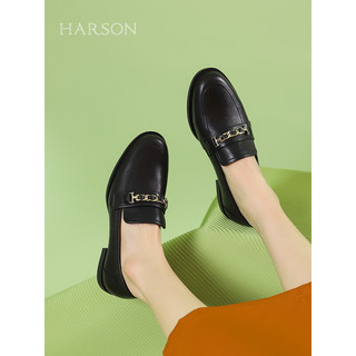 哈森【】2024款春季低跟圆头英伦乐福女单鞋HS242518 黑色 40