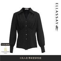 歌力思（ELLASSAY）2024春夏简约翻领压褶肌理收腰显瘦衬衫女EWD351C02100 经典黑 XS