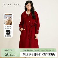 阿依莲冬季2023毛呢外套女绵羊毛氛围感显瘦收腰红色呢子大衣 红色 S