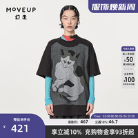 幻走（MOVEUP）2024春季猫咪印花设计师中长款T恤女 黑色  XS