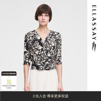 ELLASSAY 歌力思 2024夏季100%桑蚕丝优雅大气V领衬衫女EWE352C02700 黑混搭 XS