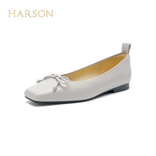 哈森羊皮女鞋2024年春季粗跟浅口时尚女单鞋舒适百搭芭蕾鞋 灰色 39