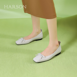 哈森羊皮女鞋2024年春季粗跟浅口时尚女单鞋舒适百搭芭蕾鞋 灰色 39
