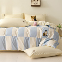 TEENIE WEENIE小熊100%全棉床上四件套a类纯棉刺绣被套加厚床单被罩床笠三件套 New Preppy-蓝格 1.8m床笠四件套-被套200*230