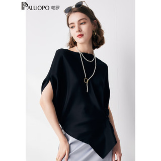 帕罗（PALUOPO）91%桑蚕丝不对称短袖T恤女蝙蝠袖真丝一字领春夏半袖上装衣服 黑 XL(170/92A)