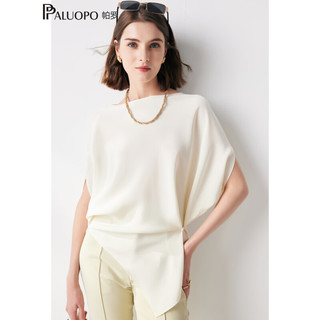 帕罗（PALUOPO）91%桑蚕丝不对称短袖T恤女蝙蝠袖真丝一字领春夏半袖上装衣服 米白 M(160/84A)