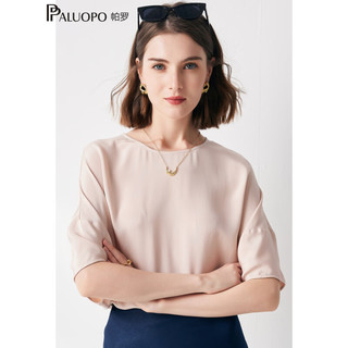 帕罗（PALUOPO）91%桑蚕丝短袖T恤女2024蝙蝠袖真丝半袖宽松上装设计感短袖 浅粉 M(160/84A)