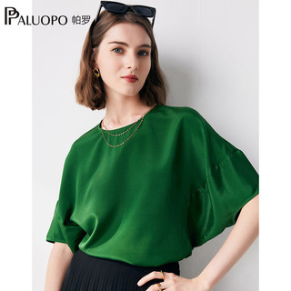 帕罗（PALUOPO）91%桑蚕丝短袖T恤女2024蝙蝠袖真丝半袖宽松上装设计感短袖 绿色 L(165/88A)