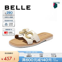 BeLLE 百丽 休闲一字拖女24夏季方头平底拖鞋A9Y1DBT4 米白 36