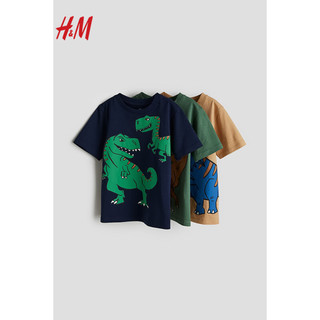 H&M2024春季童装男童3件装图案T恤1134867 深蓝色/恐龙 150/76