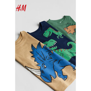 H&M2024春季童装男童3件装图案T恤1134867 深蓝色/恐龙 130/64