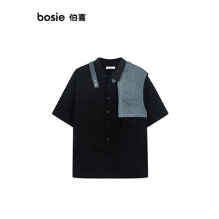 bosie2024年夏季短袖衬衫男可拆卸牛仔落肩宽松衬衣外套 黑色 165/84A
