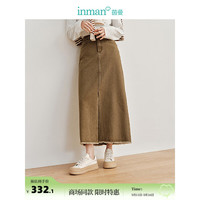 茵曼显瘦牛仔裙2024春季女装前中开叉直筒半身裙 榄棕色 M