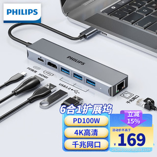 PHILIPS 飞利浦 type-c扩展坞 usb-c转hdmi拓展坞 华为苹果电脑转换器 macbook转接头接口 六合一