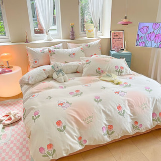 AIDLI 四件套纯棉床上用品枕套被套床单全棉套件 浪漫花语 150*200cm三件套
