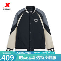 特步男保暖棉服春季外套茄克棒球服运动上衣976129170122 正黑色/钢铁灰/摩崖黄 L