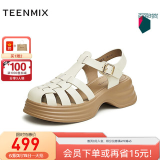 TEENMIX 天美意 2024夏猪笼鞋包头厚底女罗马凉鞋CLR30BH4 米色 40