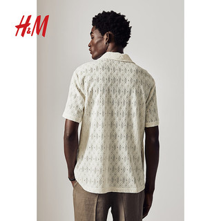 H&M2024春季男装标准版型古巴领蕾丝衬衫1219674 白色 1