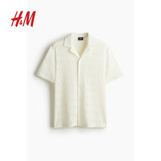 H&M2024春季男装标准版型古巴领蕾丝衬衫1219674 白色 165/84A