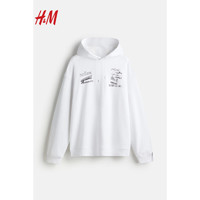 H&M2024年春季女装大廓形印花连帽衫1212532 白色/订书机 180/116A