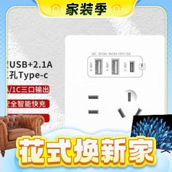 fdd 国际电工 插座面板 五孔2.1A双USB+type-c白色