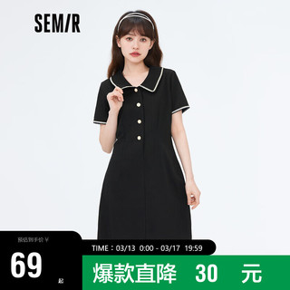 Semir 森马 连衣裙女纯棉收腰翻领裙子休闲风2022夏季时尚针织裙法式109322114006黑色S