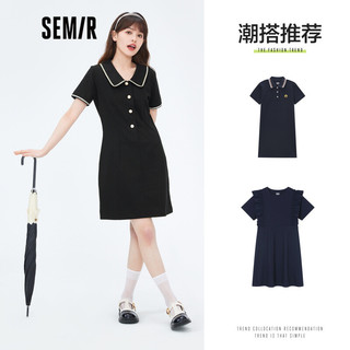 Semir 森马 连衣裙女纯棉收腰翻领裙子休闲风2022夏季时尚针织裙法式109322114006黑色S