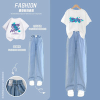 优优1点（Yoyo one）春秋女童阔腿裤2024儿童裤子春季休闲女孩牛仔裤中大童 9905白色+15013蓝色 130cm