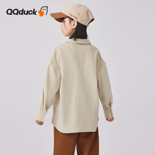 QQ duck 可可鸭 童装儿童衬衫女灯芯绒衬衣大童长袖开衫上衣弧形口袋米色；160
