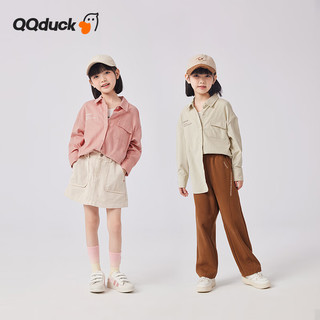 QQ duck 可可鸭 童装儿童衬衫女灯芯绒衬衣大童长袖开衫上衣弧形口袋米色；160