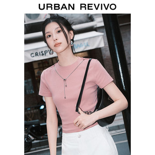 URBAN REVIVO UR2024春季女装潮流装饰链条短款圆领修身短袖T恤UWV440031 灰粉 S