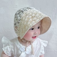 贝娜茜 婴儿帽子夏季薄款防晒女宝宝遮阳渔夫帽蕾丝公主盆帽太阳帽可爱 GZ7006-米色 5个月-2岁（42-49CM）