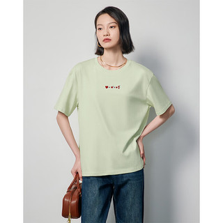 初语几何爱心印花T恤女2024夏季纯棉打底衫宽松上衣 绿色-爱的方程式 S