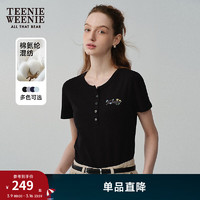 Teenie Weenie小熊2024春夏修身圆领半开扣门襟短袖罗纹T恤女 黑色 165/M