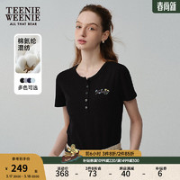 Teenie Weenie小熊2024春夏修身圆领半开扣门襟短袖罗纹T恤女 黑色 160/S