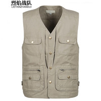 烈焰战队 马甲 男士中年秋季户外多口袋钓鱼马夹背心 中老年休闲纯棉坎肩 02款卡其色马甲 4XL（体重170-190斤）