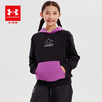 安德玛(Under Armour)女童加绒连帽卫衣秋冬儿童加厚保暖休闲宽松卫衣女大童撞色上衣 黑色 165cm