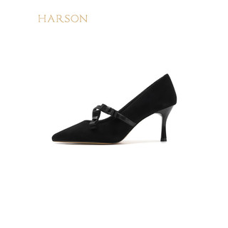 哈森2024绒面女鞋尖头细跟时装鞋浅口女单鞋HWS240193 黑色 羊反绒 37
