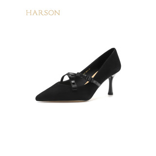 哈森2024绒面女鞋尖头细跟时装鞋浅口女单鞋HWS240193 黑色 羊反绒 36