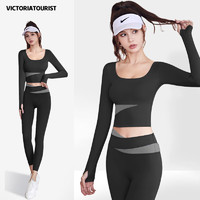 victoriatourist 维多利亚旅行者 瑜伽服套装女健身服跑步运动套装女长袖带胸垫长袖两件套黑L