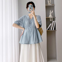 苒琦妈咪上衣夏季薄款短袖娃娃衫夏装半身裙女宽松夏款套装外出两件套 蓝色上衣（单件） 2XL