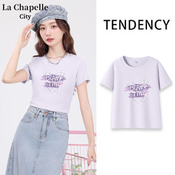 La Chapelle City 拉夏贝尔 圆领T恤 夏季印花女装上衣 浅紫-紫色箭头 M