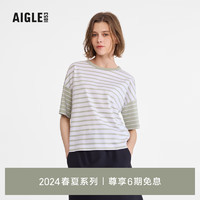 AIGLE艾高短袖T恤2024春夏UPF40+防紫外线防晒条纹圆领纯棉女 青新绿 AT453 M(165/88A)